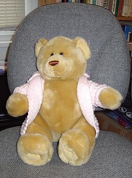 A yellow bear in a pink sweater